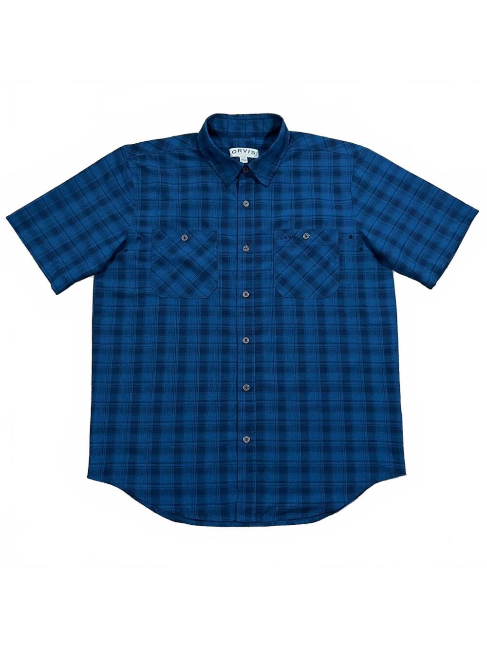 Orvis Mens Tech Short Sleeve Shirt Blue Plaid Size Medium